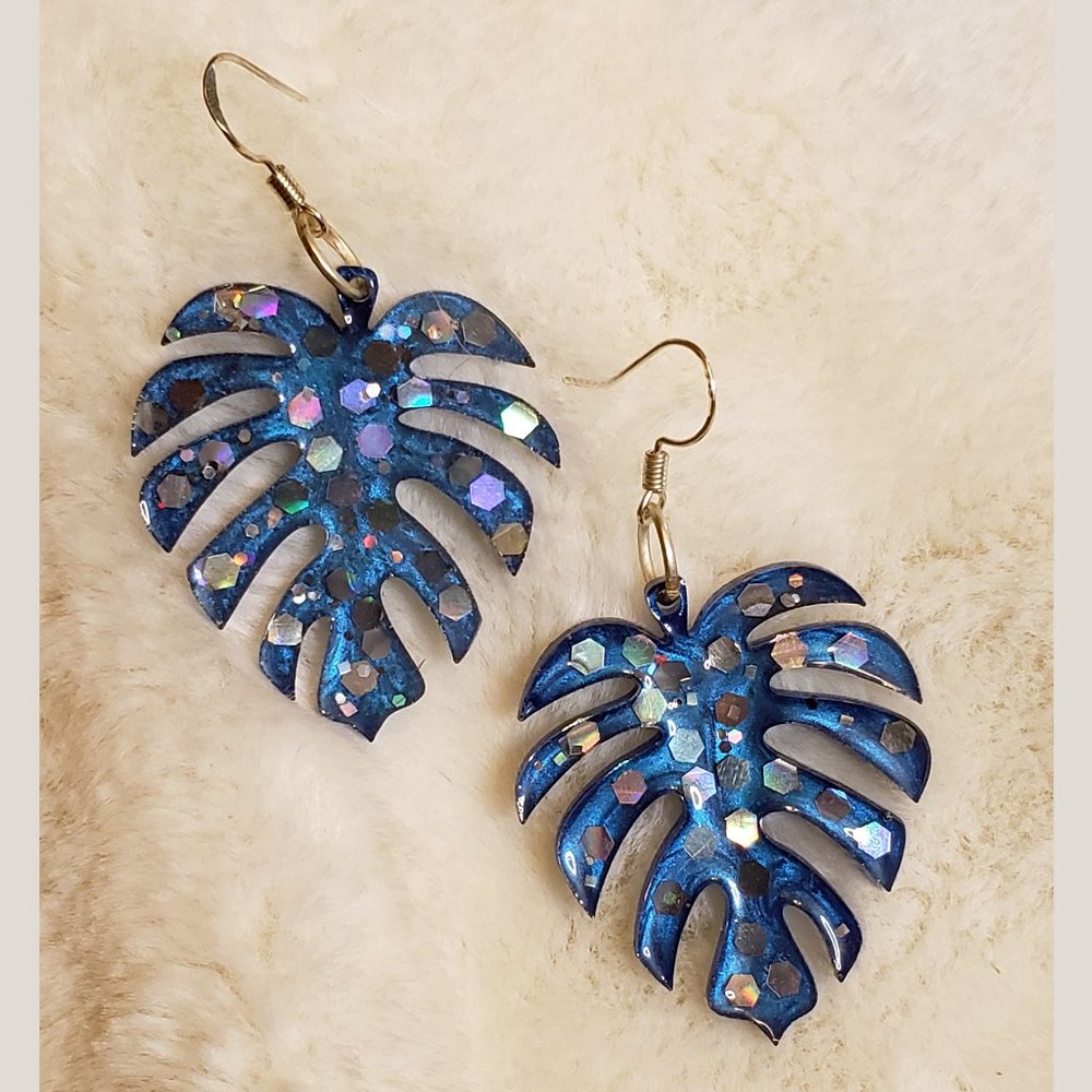 Glittery Blue Tropical Monstera Leaf Earrings